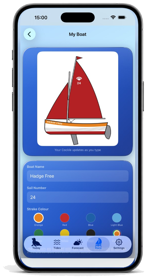 Morston My Boat screen with Cockle name, sail number, and strake colour
