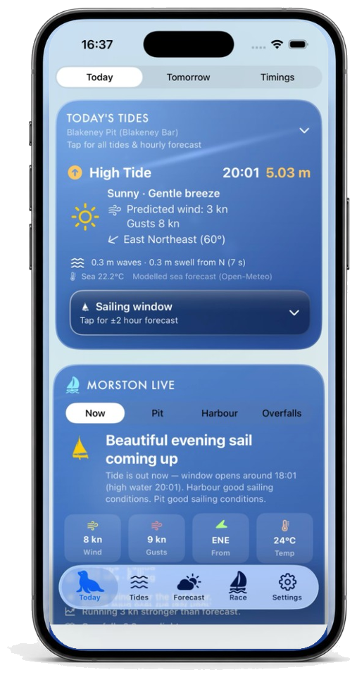 Morston Today screen — high tide, sailing window, and Morston Live